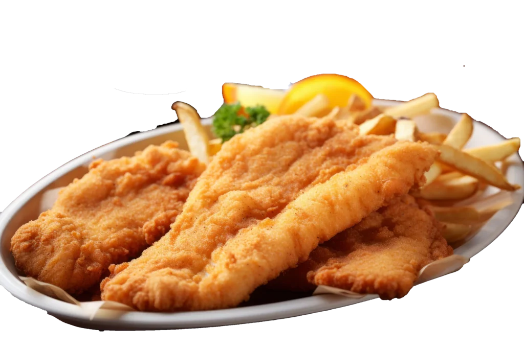 A fried catfish plate with fries and lemon, fried in Mack's Fish Meal and All Purpose Seasoning