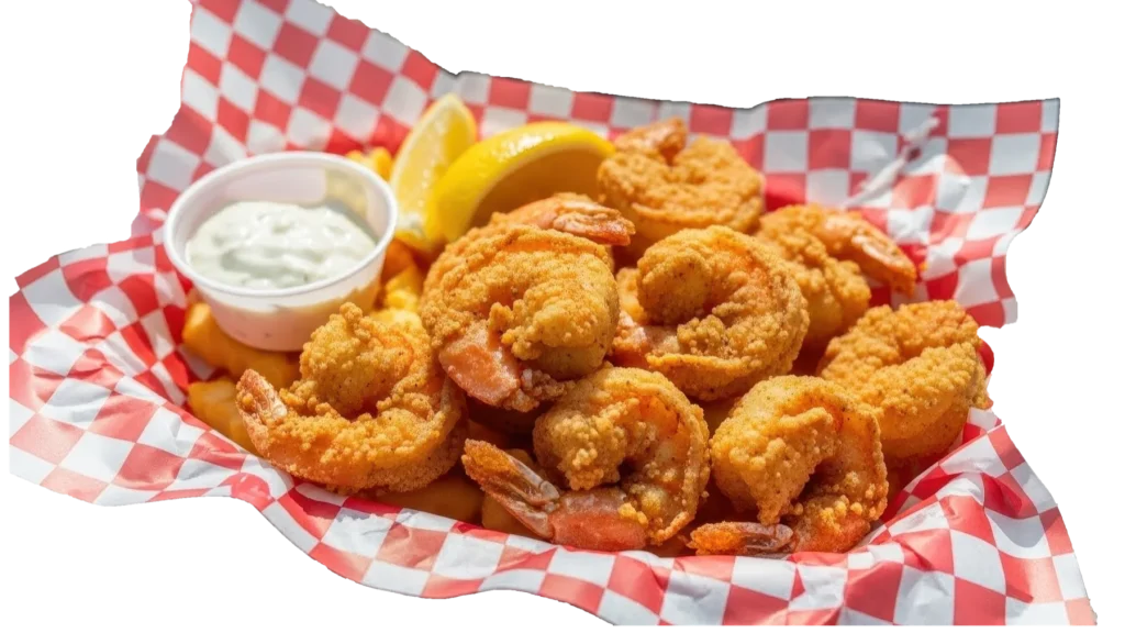 A basket of fried shrimp on red checked paper with tartar sauce and a lemon wedge