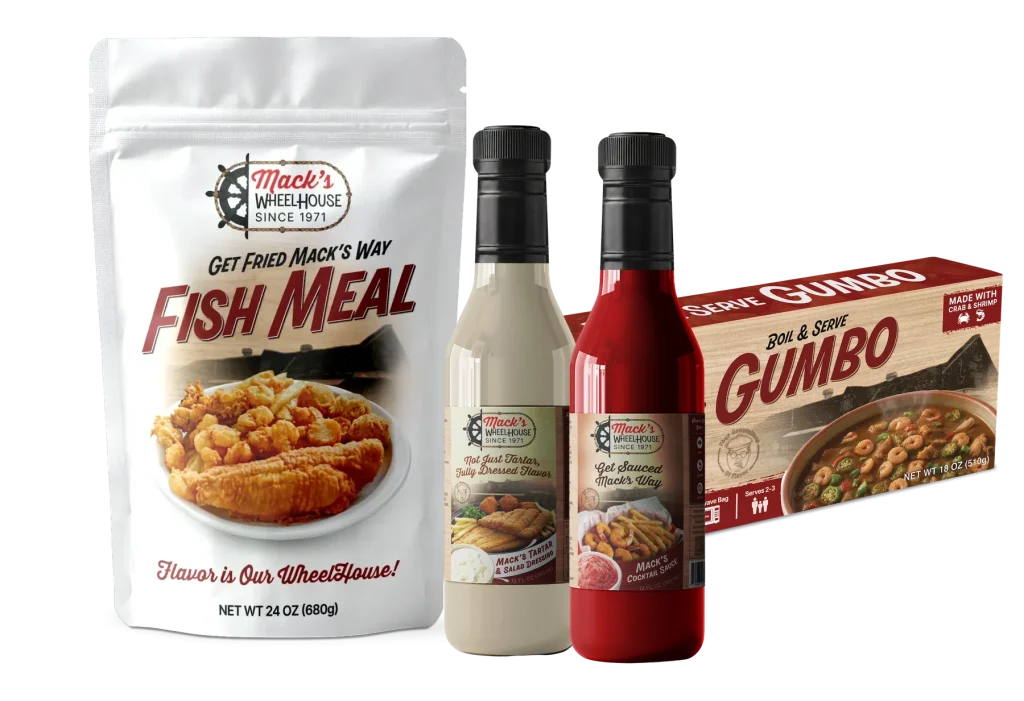 Mack's fish meal, tartar, cocktail sauce and boil and serve gumbo together