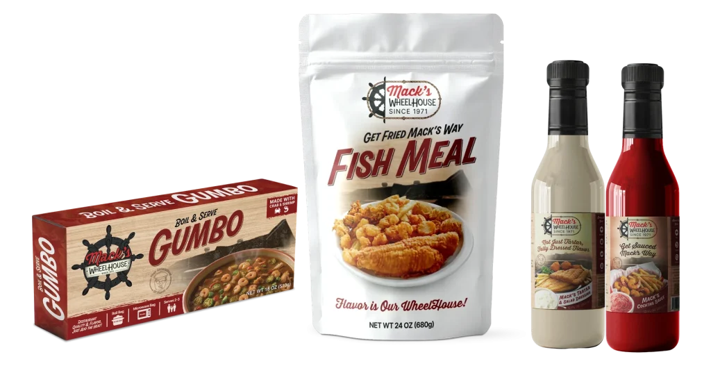Mack's gumbo, fish meal, tartar and cocktail sauce together