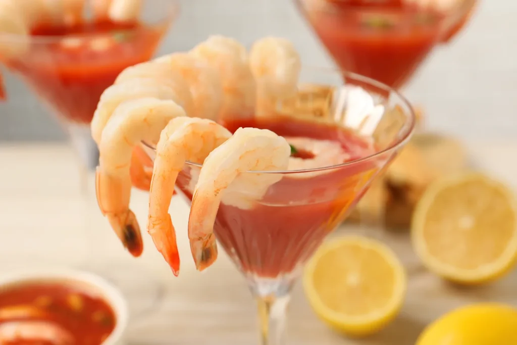 A shrimp cocktail served in a glass with cocktail sauce and lemon